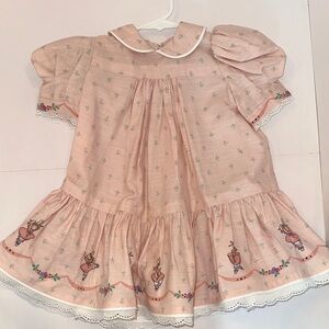 Adorable Handmade Pink toddler Dress with Bunnies and Floral/Lace